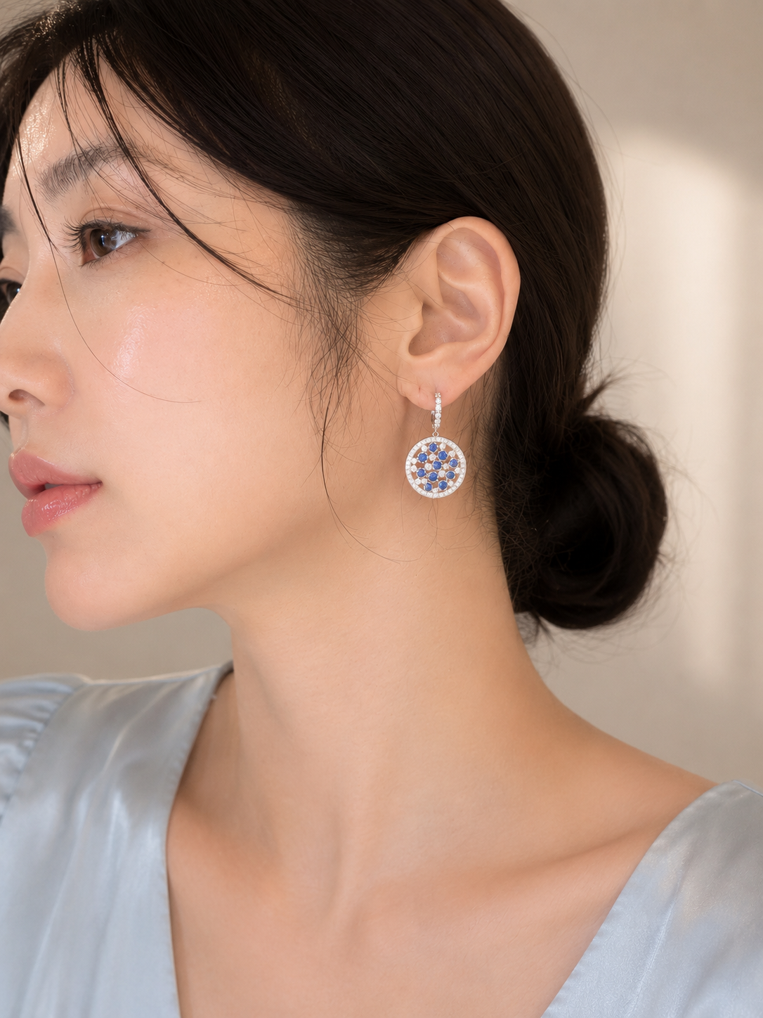 Sapphire pave round earrings