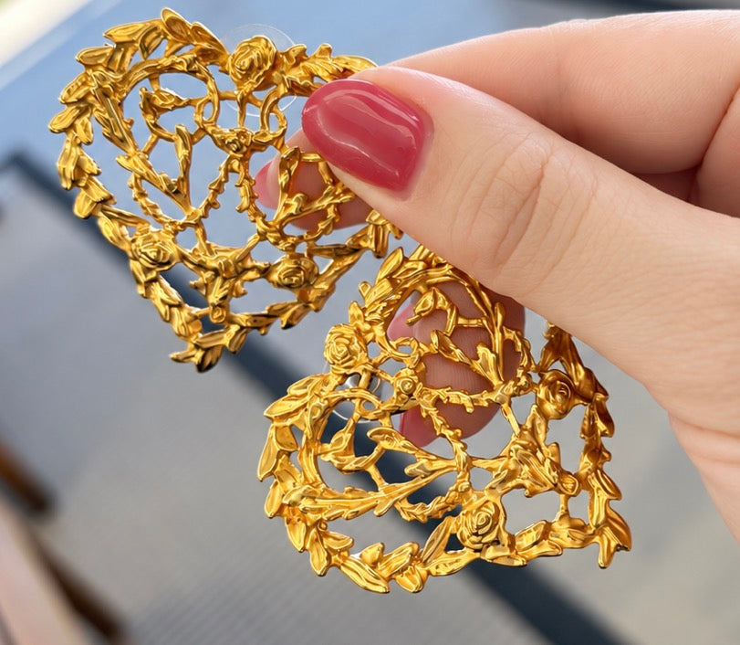 Italian 24K Gold filled heart lace rose earrings
