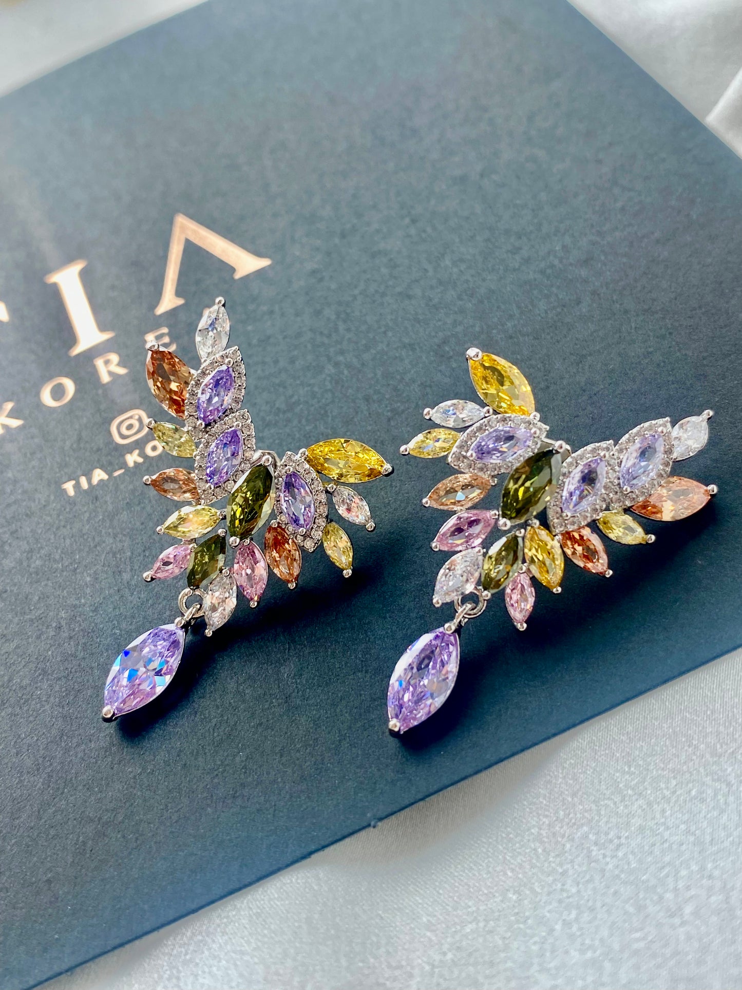 Multi coloured gem Phoenix earrings in 18k gold and silver - TIA KOREA