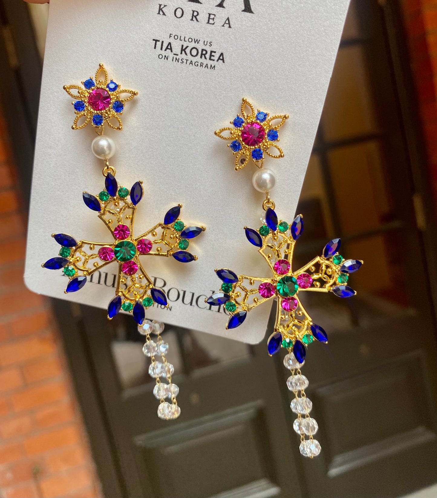 Tia statement Cross pink and blue earrings - TIA KOREA