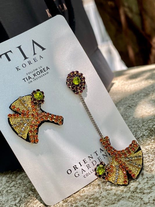 Hand Embroidered ginkgo leaf Earrings - TIA KOREA