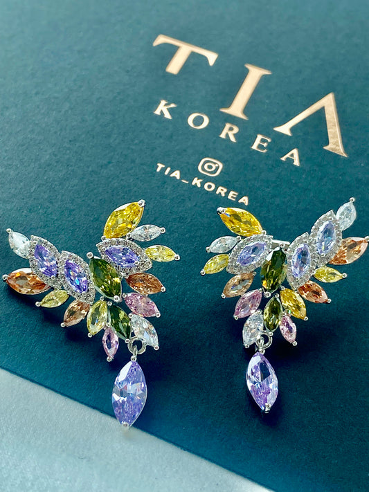 Multi coloured gem Phoenix earrings in 18k gold and silver - TIA KOREA