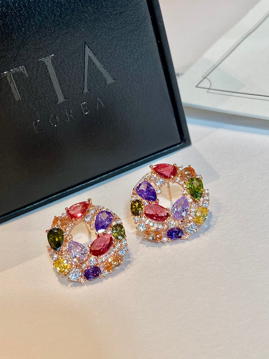 Daily Multi coloured gem with round shape earrings - TIA KOREA