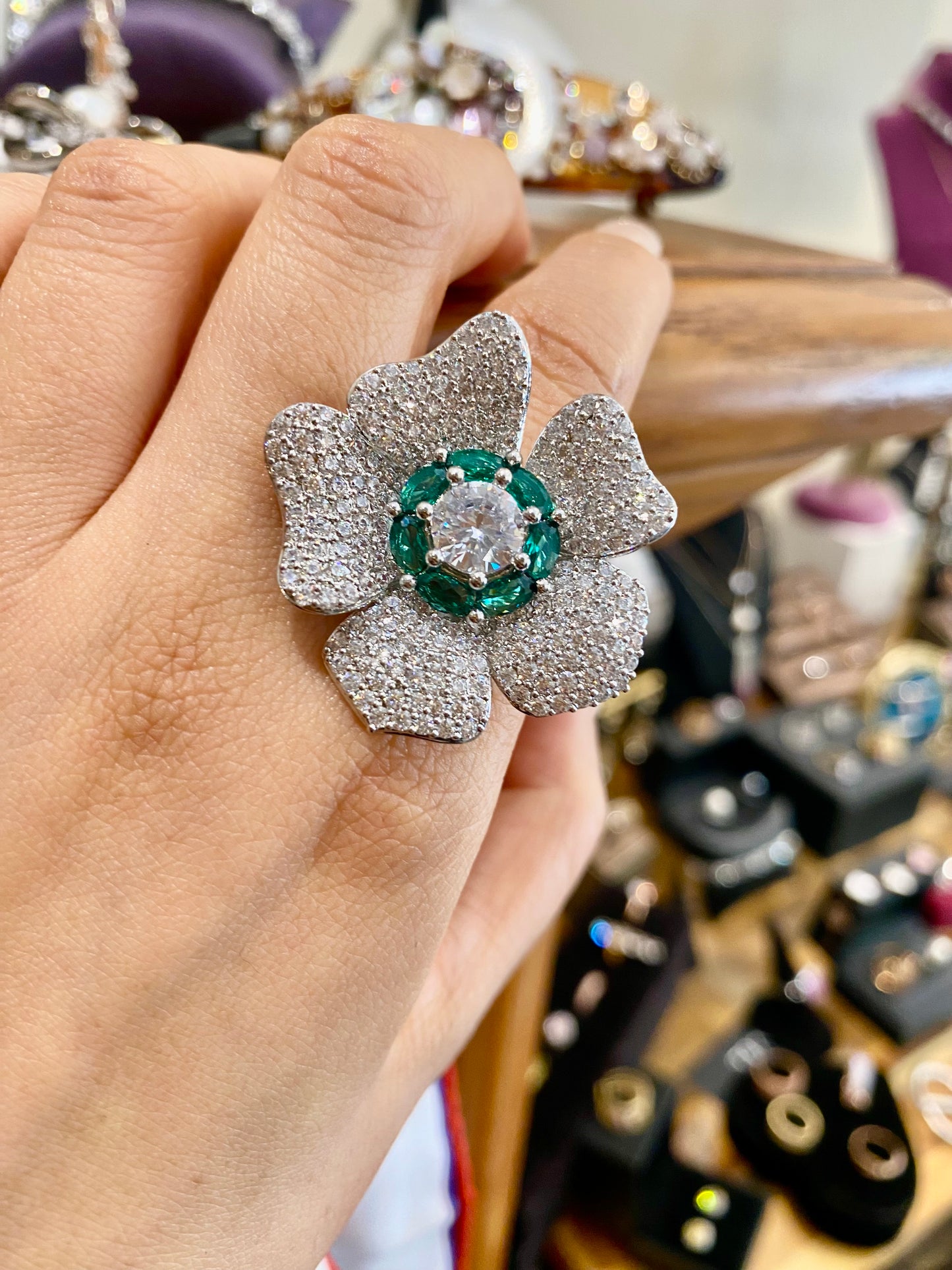 Statement emerald flower free size ring