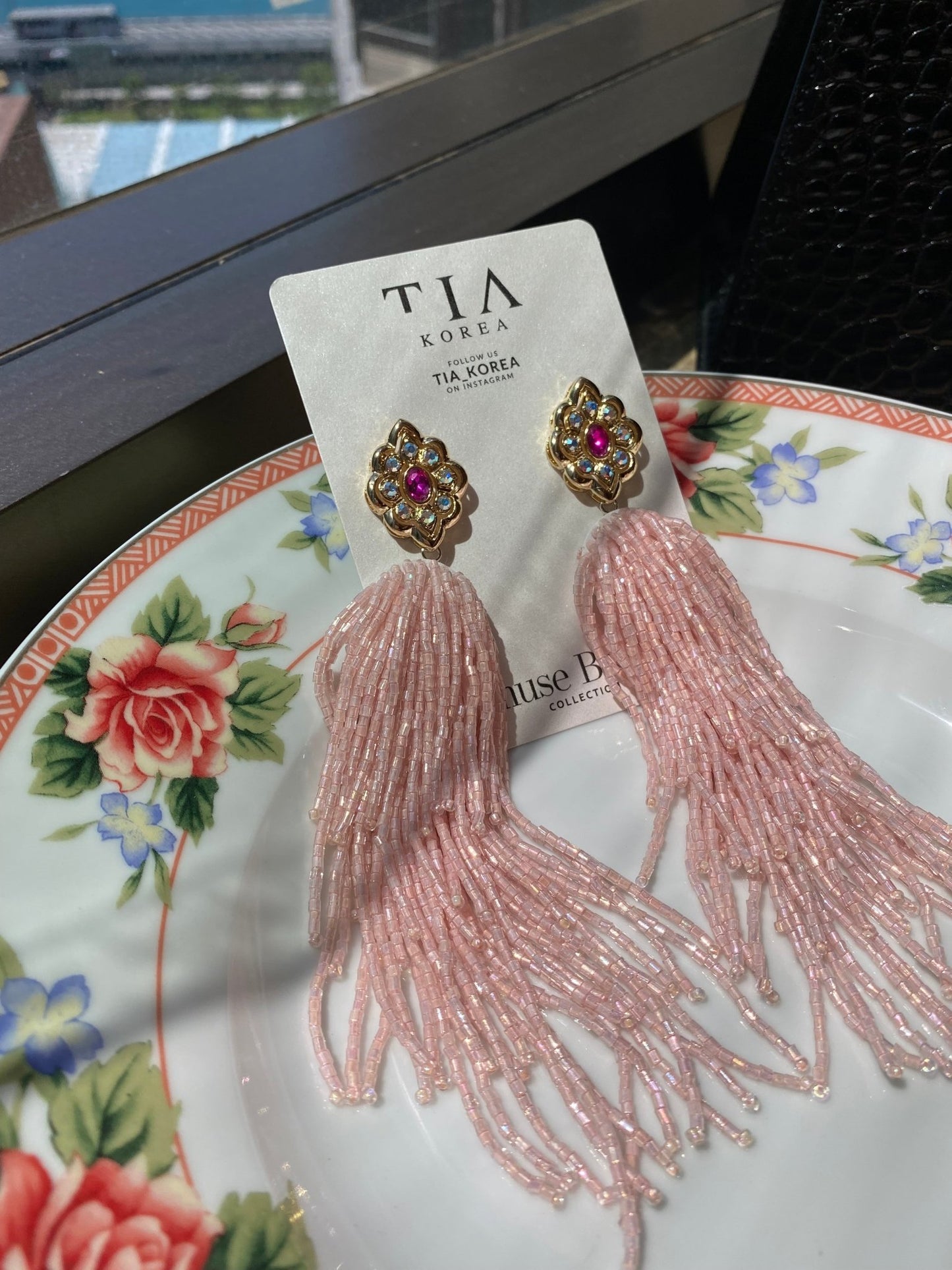 18K gold filled Extravagant long layering beads earrings in Pink - TIA KOREA