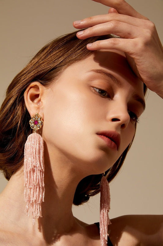 18K gold filled Extravagant long layering beads earrings in Pink - TIA KOREA