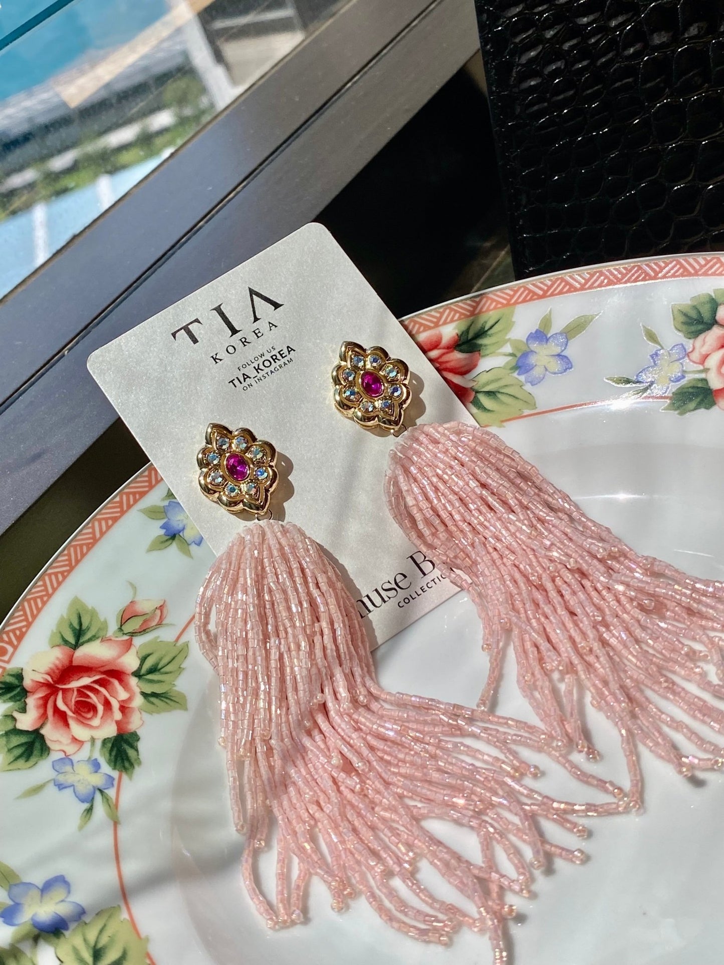 18K gold filled Extravagant long layering beads earrings in Pink - TIA KOREA