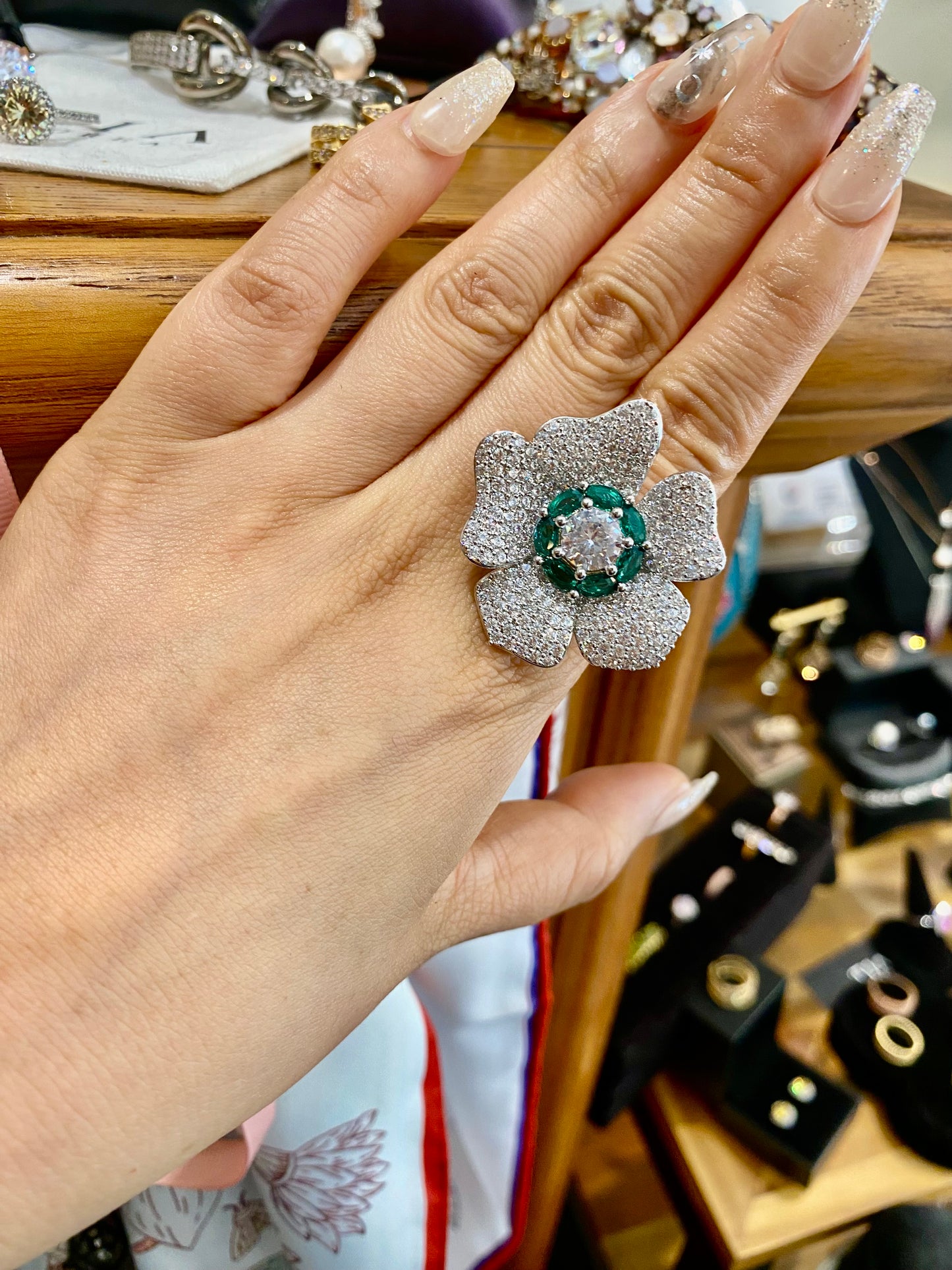 Statement emerald flower free size ring