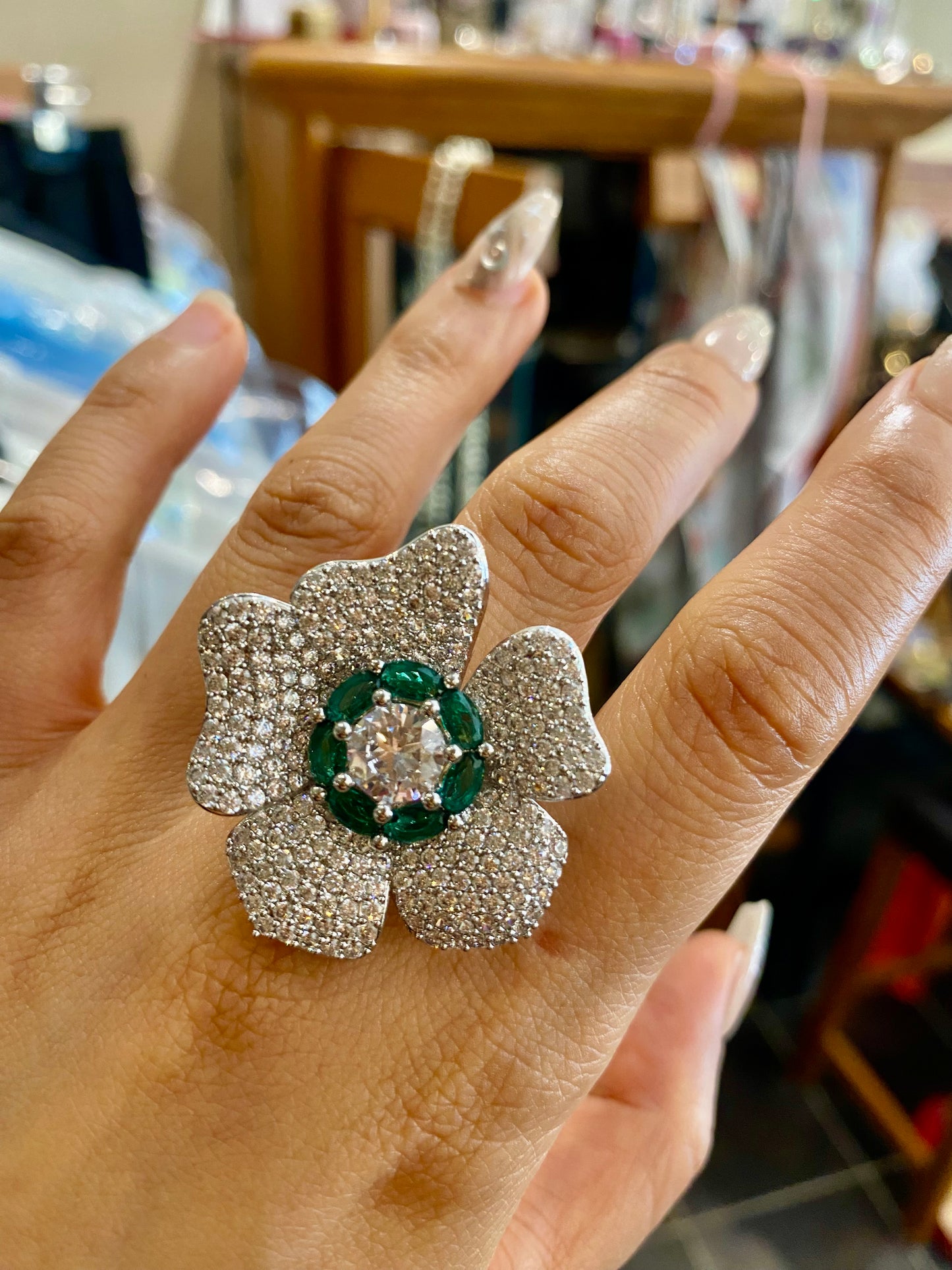Statement emerald flower free size ring