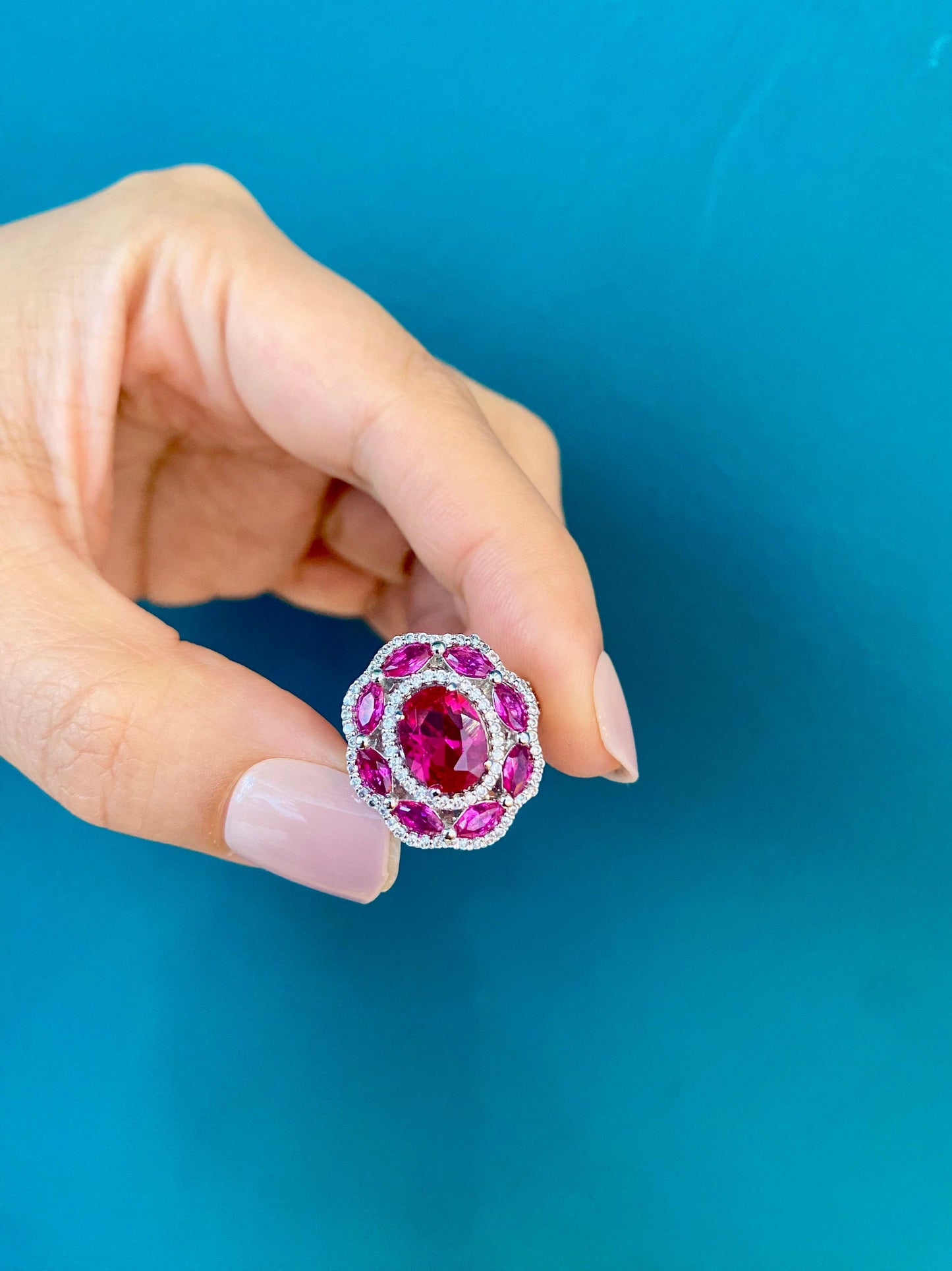 Free size 5 carats Oval cut created Ruby ring in silver