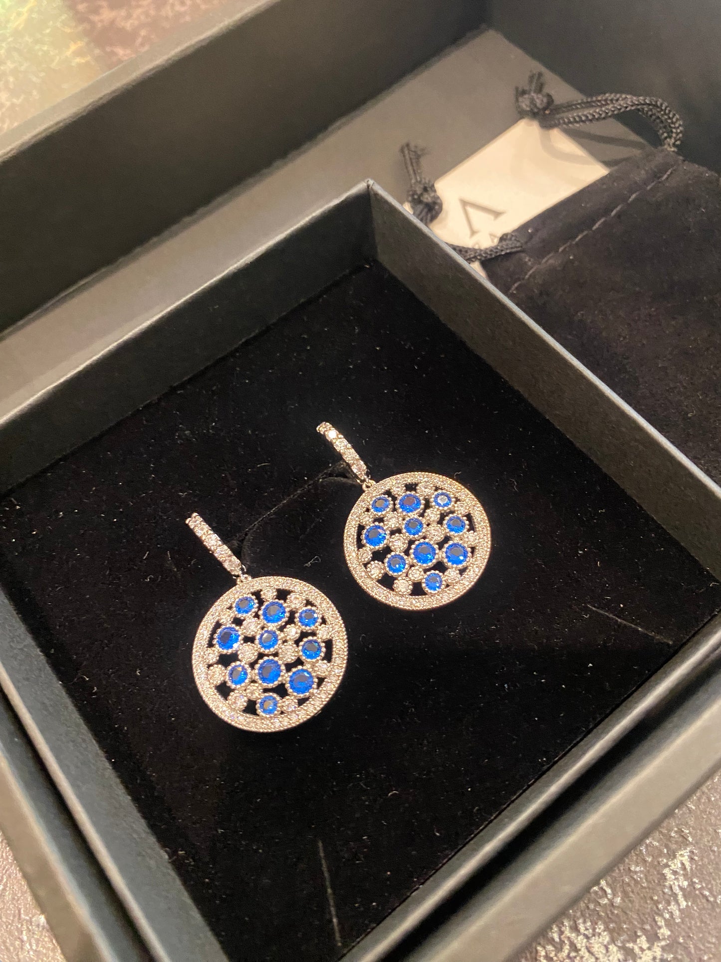 Sapphire pave round earrings