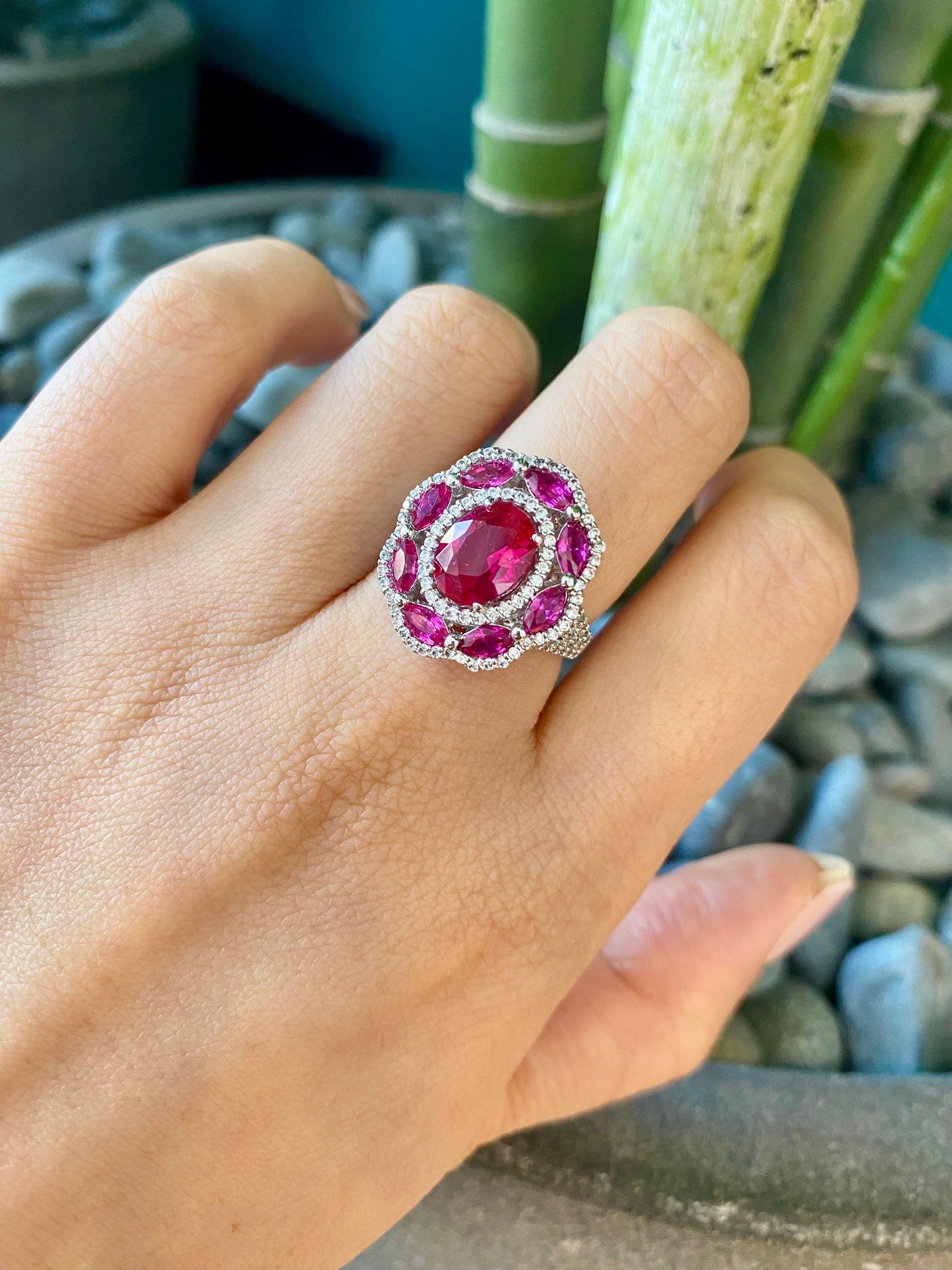 Free size 5 carats Oval cut created Ruby ring in silver