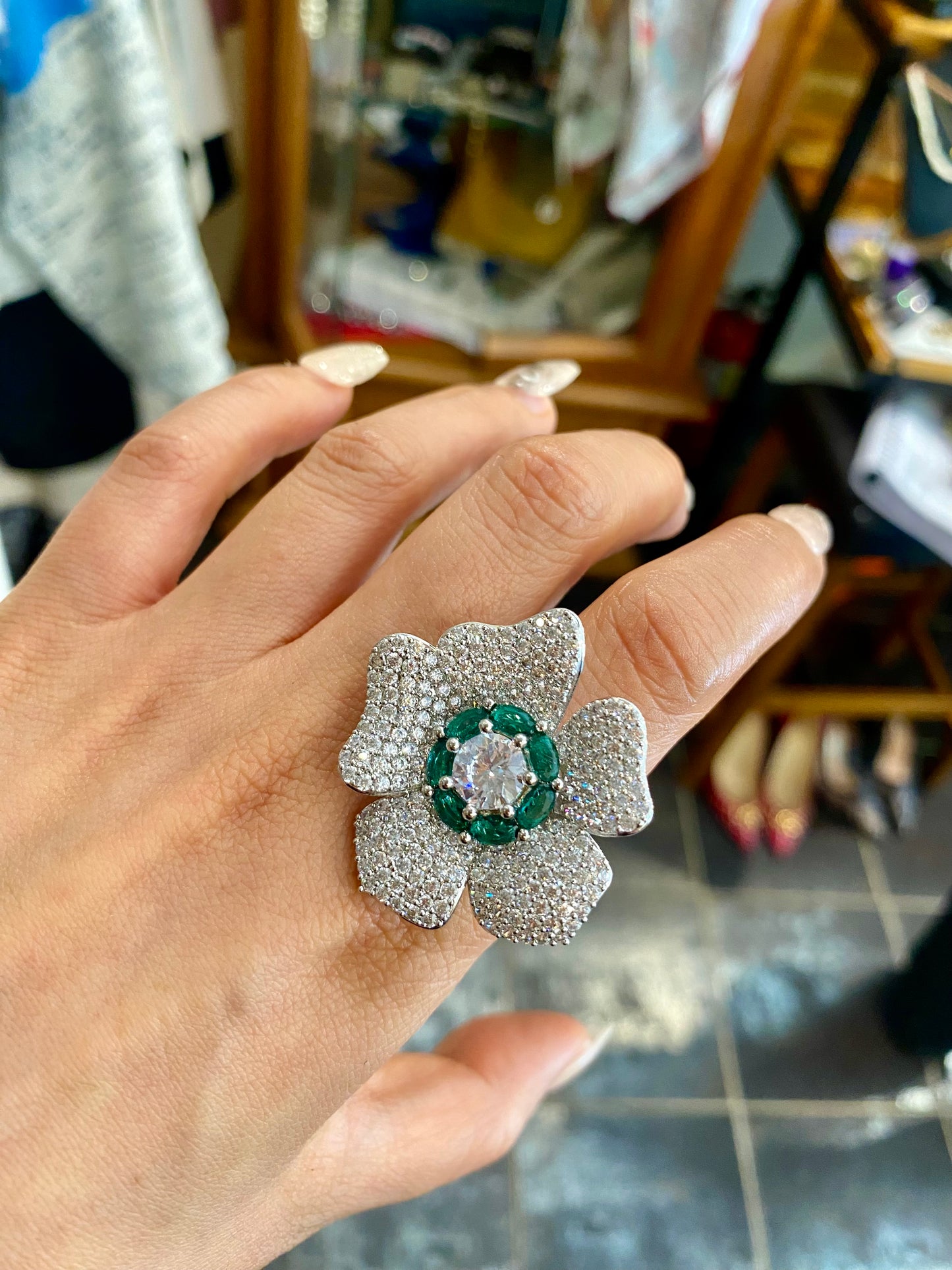 Statement emerald flower free size ring