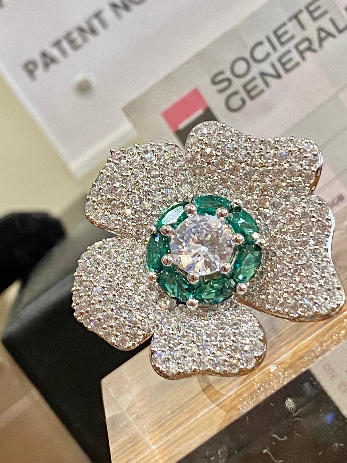 Statement emerald flower free size ring