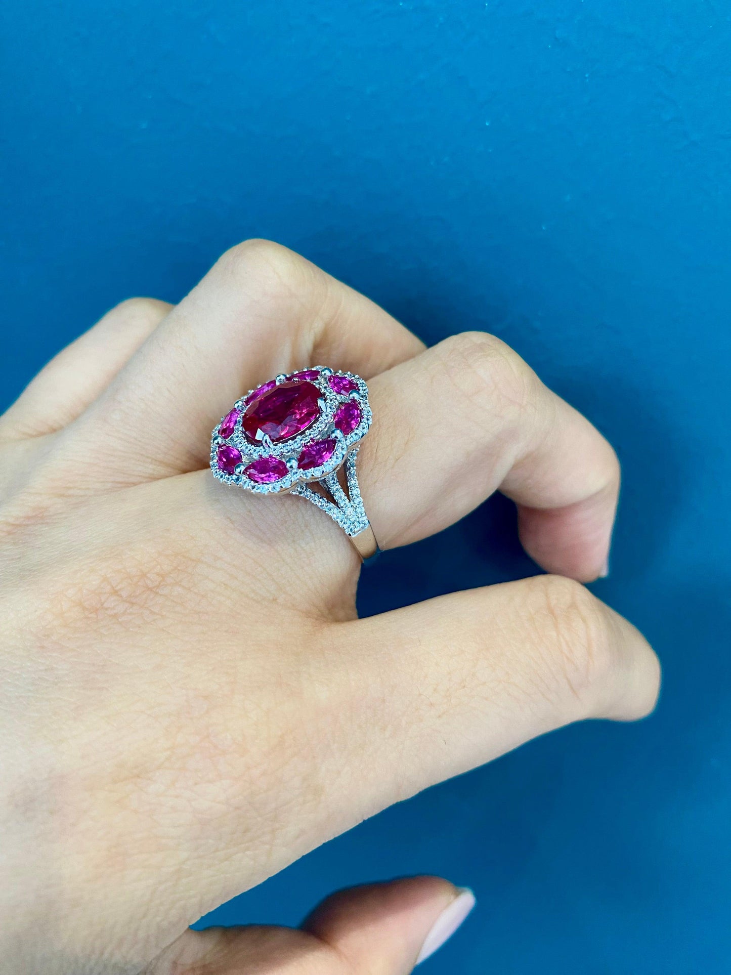 Free size 5 carats Oval cut created Ruby ring in silver