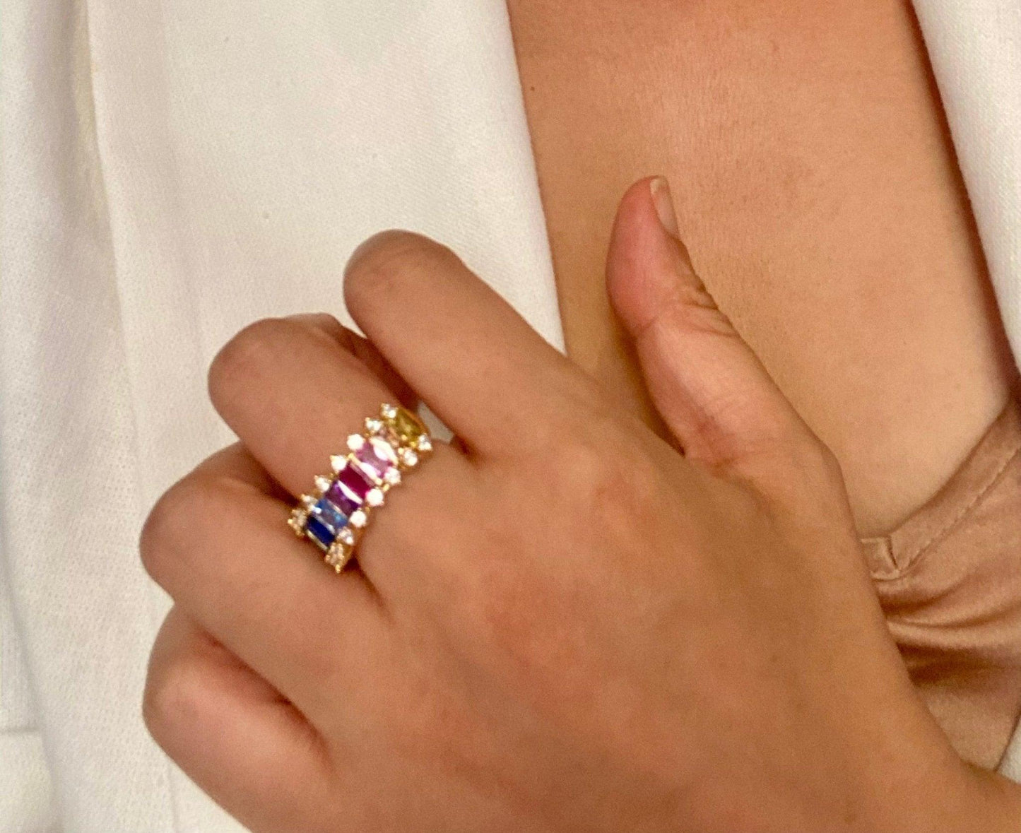Multi color gemstone band free size band - TIA KOREA
