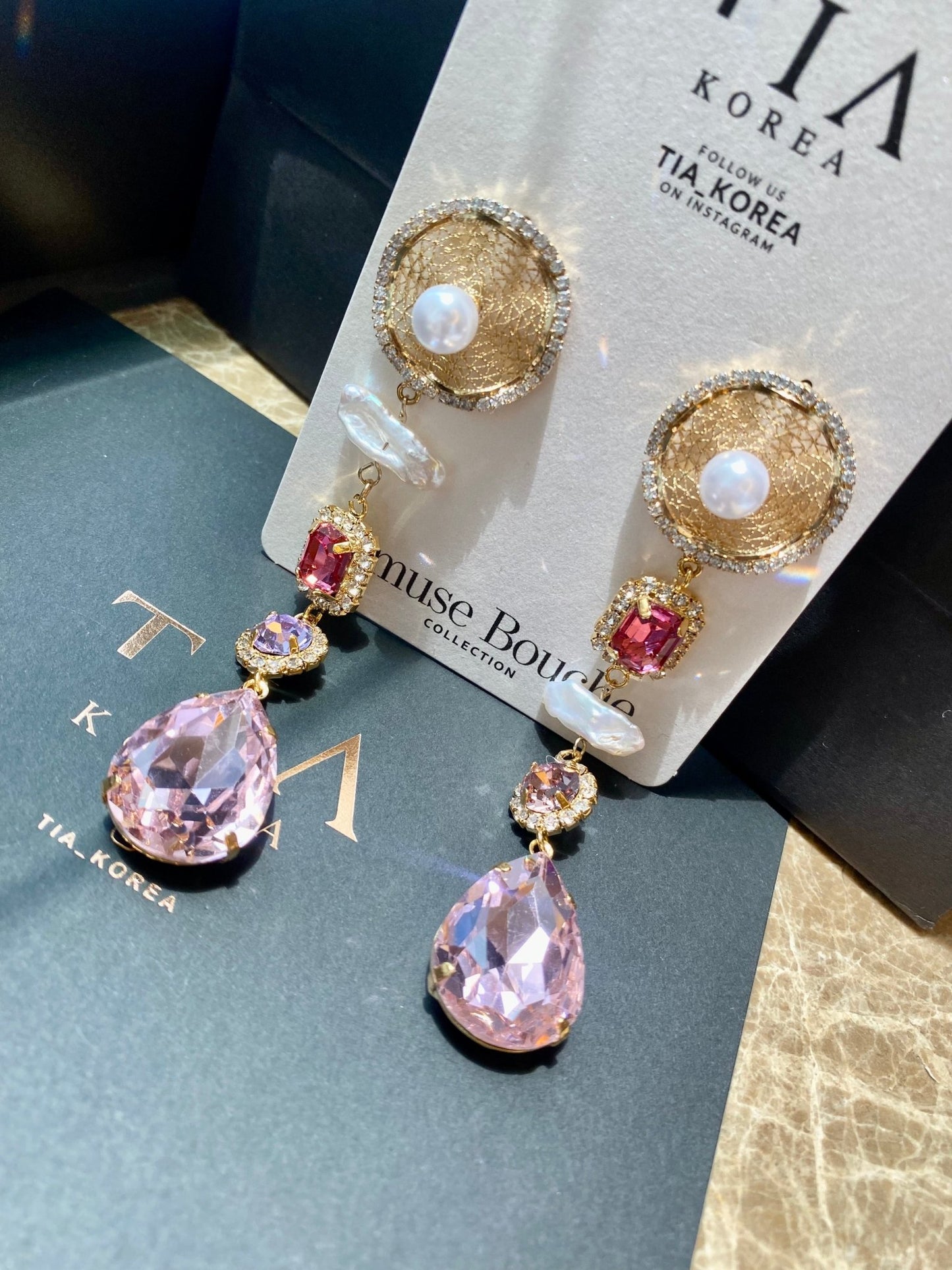 Pink Crystal and Gold pearl earrings - TIA KOREA