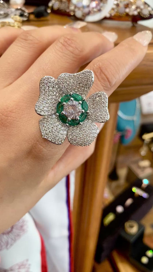 Statement emerald flower free size ring