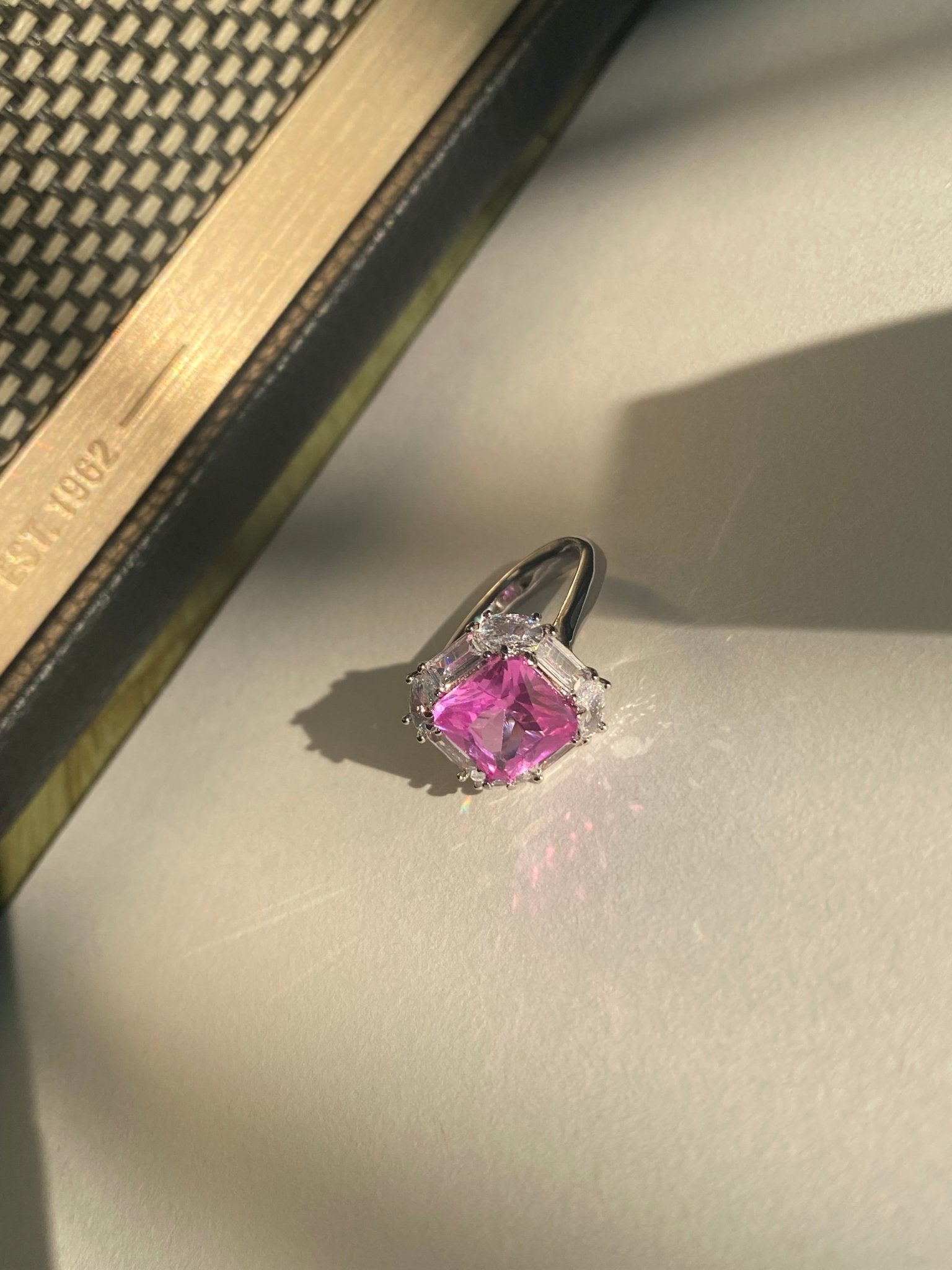 Simulated pink diamond ring with free size open band - TIA KOREA