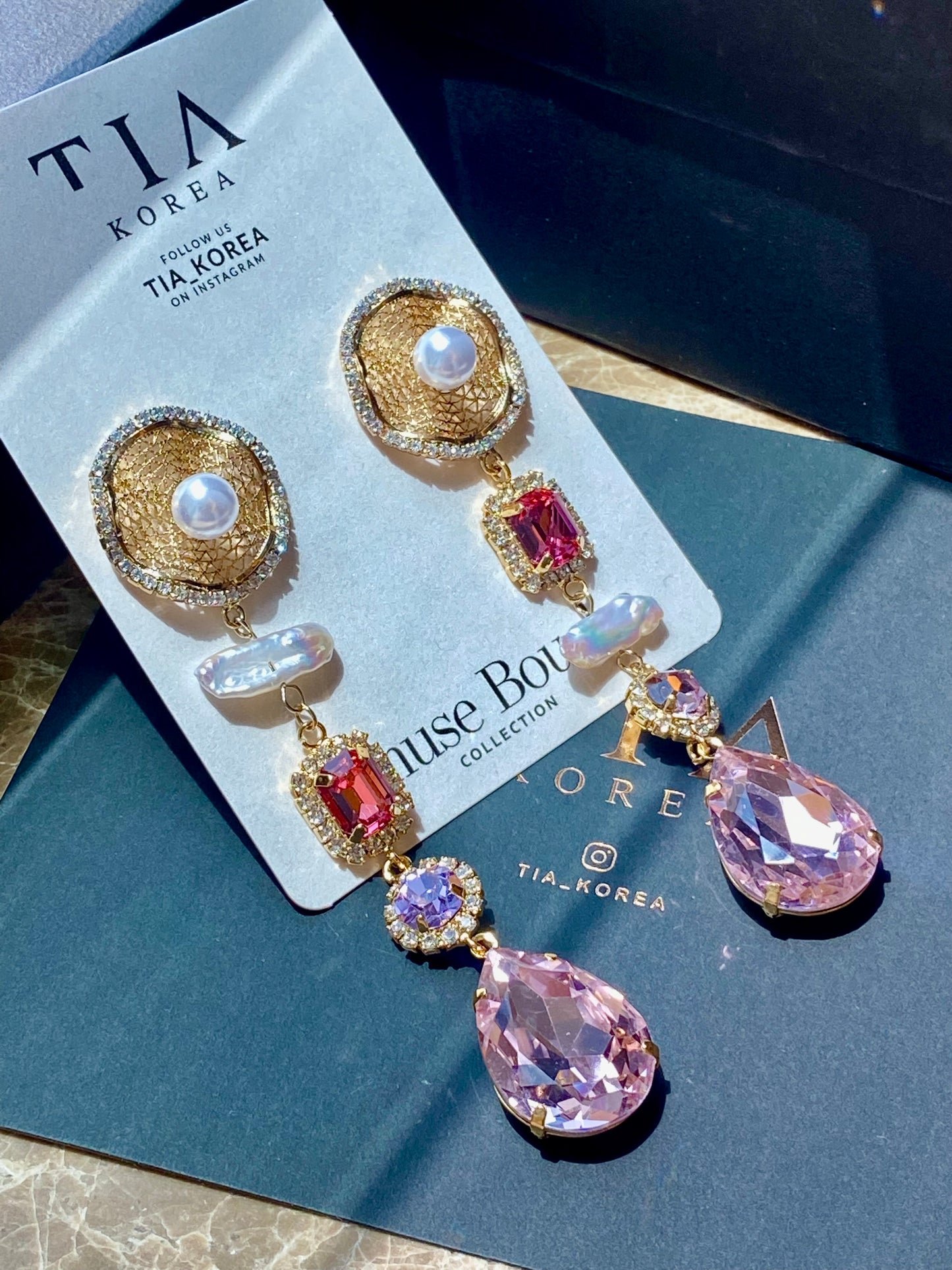 Pink Crystal and Gold pearl earrings