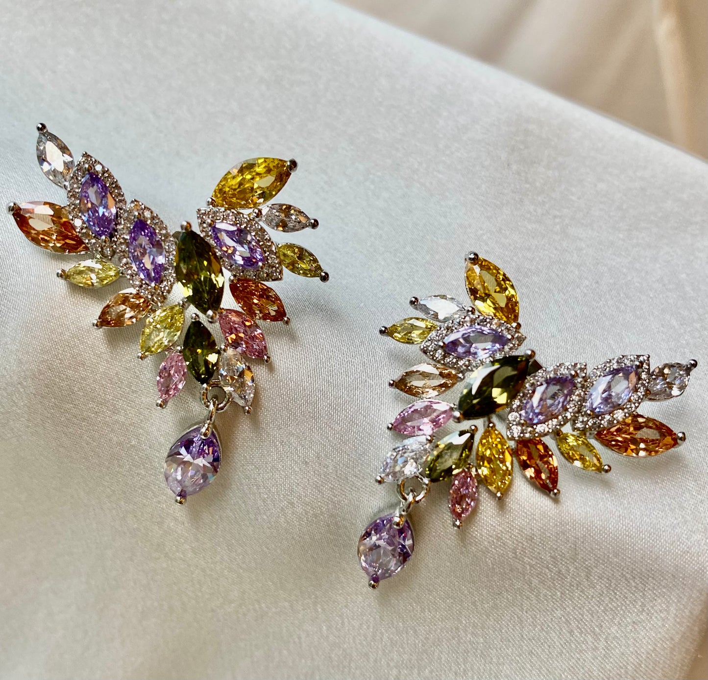 Multi coloured gem Phoenix earrings in 18k gold and silver