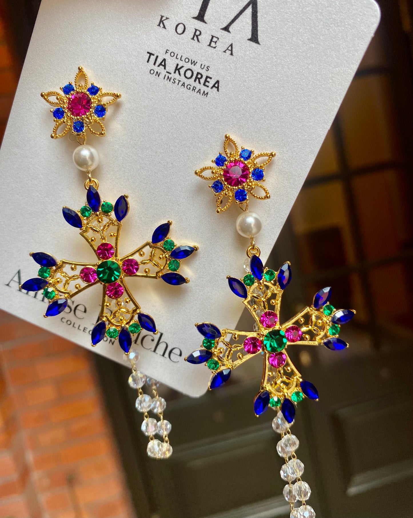 Tia statement Cross pink and blue earrings